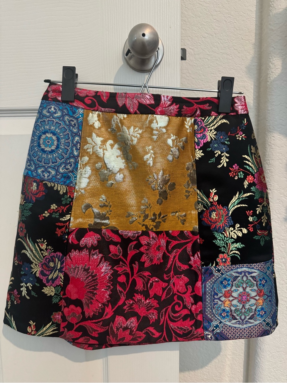 Alice + Olivia Patchwork Brocade Mini Skirt in Black, Red, Gold, Blue - Picture 2 of 7